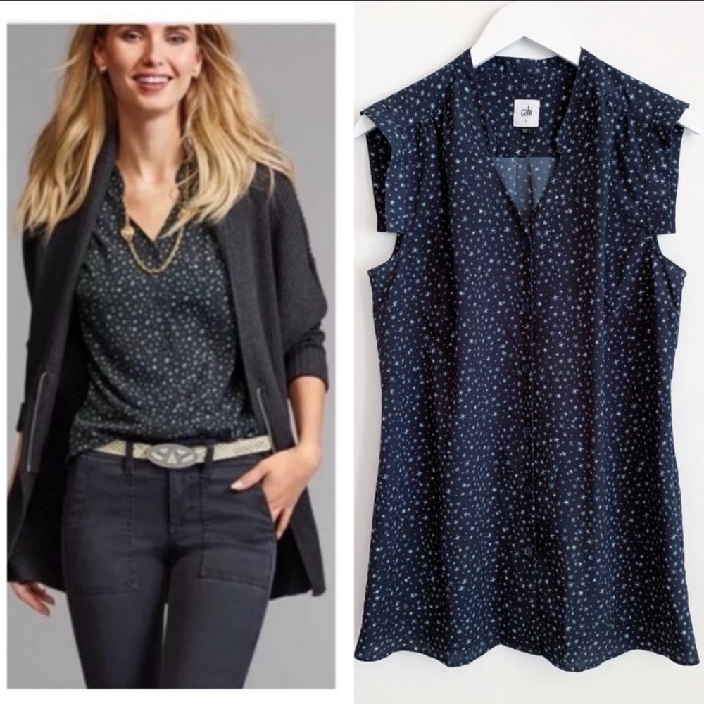 Cabi Astral Blouse Star Patterned Button Down Tank - image 1